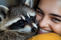 Close up portrait of young woman with bright smile holding cute raccoon pet, showing emotional connection and friendship between human and wild animal.