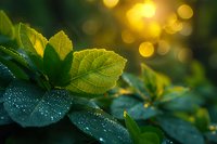 Fresh green leaves with morning dew drops against golden bokeh sunlight background, creating magical nature atmosphere in garden or forest setting.