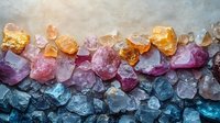 Raw colorful crystals arranged in gradient pattern from golden yellow through pink to deep blue minerals on textured background, macro photography of natural gemstones.