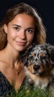 Young Caucasian woman with natural makeup and Australian shepherd dog posing together against dark background, emotional connection between pet and owner.