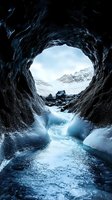 View through ice cave opening revealing snowy mountain landscape, with blue glacial formations and frozen stream creating dramatic natural frame in foreground.
