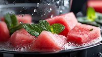 Fresh juicy watermelon cubes garnished with mint leaves on dark plate with water drops, macro shot showing texture and vibrant colors. Perfect for food blogs.