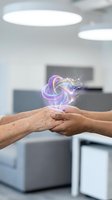 Hands holding glowing energy swirl with magical light effects in modern office environment for digital transformation and innovation concepts.