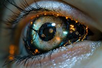 Extreme close-up of human eye with digital technology reflection showing futuristic interface with glowing orange and blue elements.