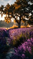 Golden sunset light illuminates lavender field with majestic oak tree silhouette in background, creating serene countryside landscape for nature and wellness designs.