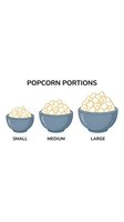 Popcorn portion sizes chart showing small medium large servings in blue bowls on white background for food service and nutrition education materials.