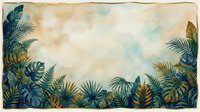 Vintage tropical foliage border with watercolor palm and fern leaves in blue and gold tones on aged cream background, suitable for invitations and design projects.