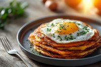 Stack of golden pancakes topped with sunny side up fried egg and fresh herbs on rustic plate. Hearty breakfast meal for morning dining and brunch menus.