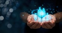 Hands holding glowing family silhouettes with digital network connections representing protection, care and unity in modern technology concept.