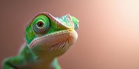 Green chameleon head close up with detailed eye and scales against blurred brown background, showing remarkable natural camouflage ability of exotic reptile species.