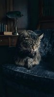 Fluffy tabby Maine Coon cat grooming itself on a dark velvet armchair in a moody vintage library interior with antique lamp.