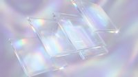 Translucent glass tiles with iridescent light reflections on soft lavender background, creating modern geometric composition for design and technology concepts.