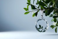 Crystal pendant with green leaves reflection hanging from natural branch against soft blue background, creating ethereal minimalist composition.