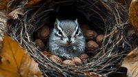 Adorable chipmunk sitting in cozy nest surrounded by autumn leaves and acorns. Wildlife photography showcasing small mammal in natural habitat during fall season.