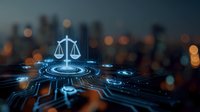 Digital scales of justice glowing blue against blurred city skyline at night, representing legal technology and digital law concepts.