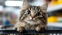 Tabby cat with wide eyes peering over black surface in blurred indoor setting, suitable for pet, animal, and lifestyle content.