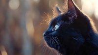 Black cat in profile with golden sunlight creating warm bokeh background and highlighting whiskers for pet photography and animal portraits.