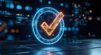 Glowing neon checkmark symbol with futuristic holographic circle frame against blurred city lights background for digital verification and approval concepts.