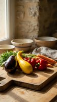 Fresh organic vegetables on rustic wooden cutting board in farmhouse kitchen with ceramic bowls and natural sunlight for healthy cooking preparation.
