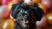 Adorable small black dog with colorful sprinkles on head against blurred donut background, perfect for pet bakery or dog-friendly cafe promotions.