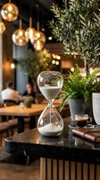 Glass hourglass timer on wooden table in modern cafe with warm ambient lighting, plants and coffee cup creating cozy atmosphere for time management concepts.