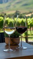 Two wine glasses with red and white wine on wooden table against blurred vineyard background, selective focus on elegant stemware for wine tasting experience.