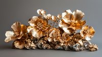 Golden metallic flowers arrangement with delicate petals and intricate details on textured base against neutral gray background.