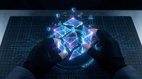 Hands holding glowing blockchain network with connected nodes and security icons on digital grid background for cryptocurrency and fintech concepts.