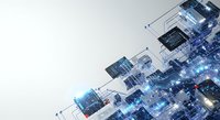 Digital circuit board with glowing blue nodes and connecting lines representing data flow and network connectivity for technology and innovation concepts.