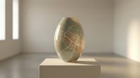 Polished green stone egg sculpture with geometric lattice pattern displayed on white pedestal in minimalist gallery space with natural light.