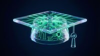 Transparent graduation cap with glowing green circuit board pattern inside, symbolizing technology education, artificial intelligence learning, and digital knowledge on dark background.