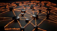Abstract network connections with glowing orange lines linking dark nodes in futuristic digital communication system for technology presentations.