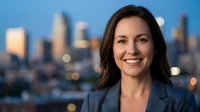 Professional businesswoman smiling confidently with city skyline at dusk, corporate executive portrait for business success and leadership concepts.
