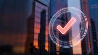 Digital checkmark icon glowing in neon light against blurred city skyline at dusk. Business success, approval and verification concept for corporate presentations.