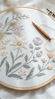 Delicate floral embroidery in wooden hoop with needle on white fabric featuring colorful wildflowers and botanical motifs for handcraft projects.