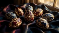 Ornate decorated Easter eggs with intricate golden patterns on colorful silk fabric near window with warm natural light creating festive holiday atmosphere.