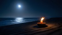 Romantic moonlit beach scene with glowing candle on sand creating warm ambiance against ocean waves and full moon reflection on water at night.