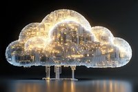 Glowing cloud shape with illuminated cityscape inside, standing on transparent pillars against dark background. Modern technology concept for cloud computing.