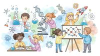 Diverse children conducting science experiments in classroom with microscopes, test tubes, DNA models and molecular structures in cartoon style.
