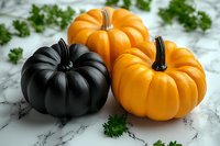 Black and orange decorative pumpkins on marble background with fresh parsley garnish. Seasonal autumn decor for Halloween and fall celebrations.