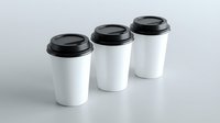 Three white disposable coffee cups with black lids arranged in row on clean surface for takeaway beverage service and cafe branding mockup.