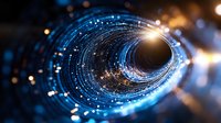 Glowing blue digital tunnel with light particles and energy streams in dark space, abstract technology background for digital transformation concepts.