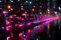 Futuristic neon cityscape with glowing pink and blue lights reflecting on wet surface, creating dynamic perspective with bokeh effect in dark urban night.