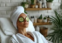 Young African American woman relaxing at spa with cucumber slices on eyes, wearing white bathrobe and towel turban, surrounded by plants and wellness products.
