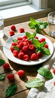 Fresh raspberries arranged on white plate with mint leaves, glasses of water on wooden table by window. Healthy summer fruit snack for food styling, recipe blogs, nutrition content.