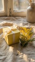 Yellow gift box with cream ribbon and mimosa flowers on linen fabric near window with warm sunlight for spring celebration and holiday gifting.