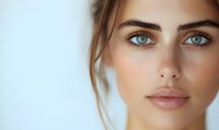 Close up portrait of young woman with natural freckles, blue eyes and soft makeup against light background, beauty and skincare concept.