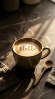 Steaming latte art with Hello written on frothy milk in a rustic ceramic mug, warm morning light, wooden spoon on marble surface.