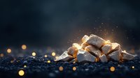 Glowing golden nuggets on dark textured surface with magical sparkles and bokeh lights creating mystical atmosphere for wealth and prosperity concepts.