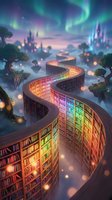 Magical spiral library tower with glowing books under aurora borealis sky in fantasy landscape with floating islands and enchanted castles.